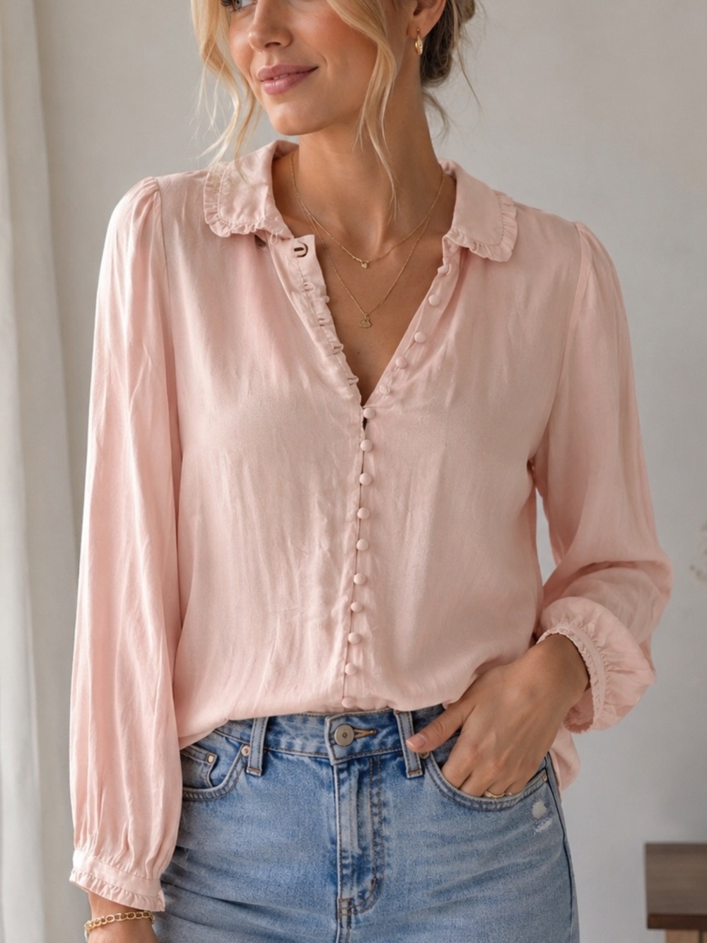 Anthropologie ModCloth Thoroughly Ladylike Button-Up Top Pink Small S
